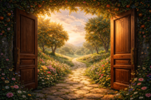 open door with garden beyond